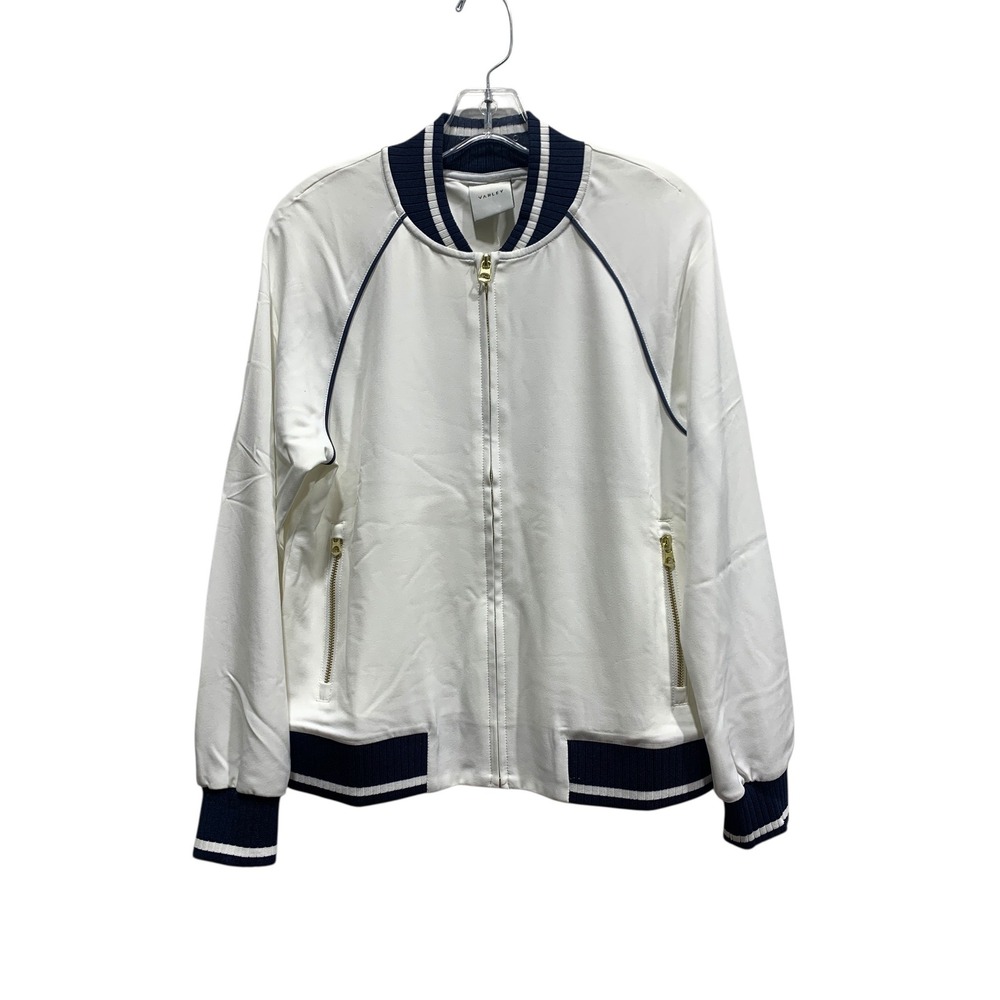 VARLEY Womens White Navy Trim Bomber Jacket Zip Front Athletic Style Size Small - Picture 2 of 8